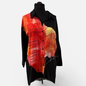 Frank Lyman Design Black Button-Down Top with Red and Orange Watercolor Panel